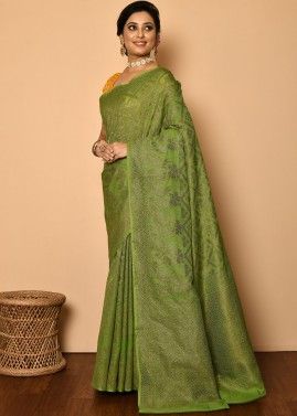 Green Zari Woven Festive Saree With Heavy Border
