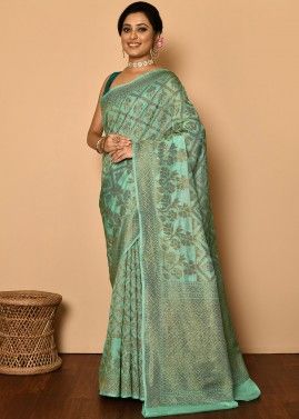 Green Banarasi Silk Saree With Zari Woven Motifs