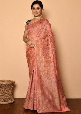 Peach Bridesmaid Zari Woven Saree In Banarasi Silk