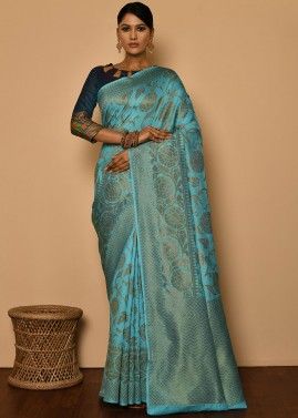 Blue Banarasi Silk Saree With Zari Woven Motifs