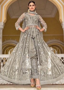 Grey Net Slit Style Embroidered Suit