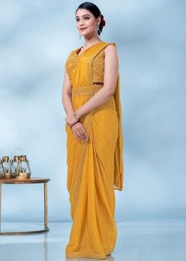 Yellow Embroidered Border Pre-Stitched Saree