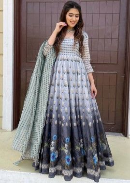 Grey Floral Printed Anarkali Suit Set