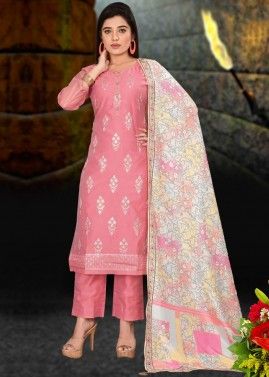 Pink Sequins Embroidered Pant Suit Set In Chanderi