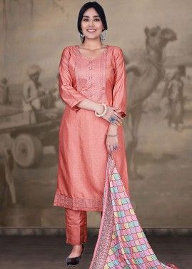 Peach Art Silk Embroidered Pant Suit Set