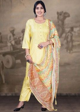 Yellow Stone Work Pant Suit Set With Dupatta