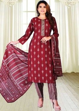 Red Printed Pant Suit Set With Chanderi Dupatta