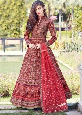 Red Printed Anarkali Suit With Net Dupatta