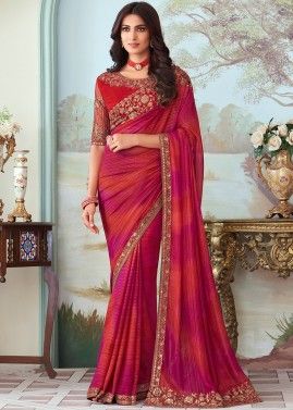 Shaded Red & Pink Embroidered Art Silk Saree