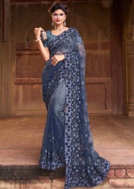 Grey Embroidered Net Saree & Blouse