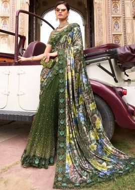 Green Silk Saree With Digital Printed Pallu