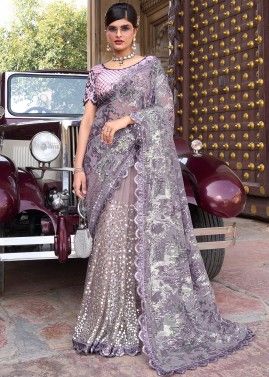 Purple Net Saree With Sequinned Pallu