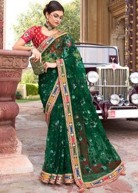 Green Net Saree With Embroidered Blouse