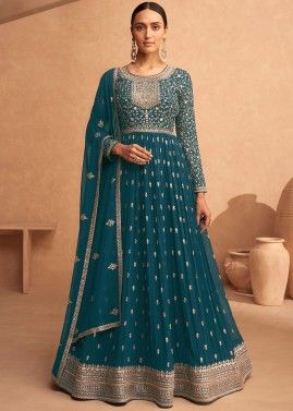Blue Embroidered Anarkali Suit Set