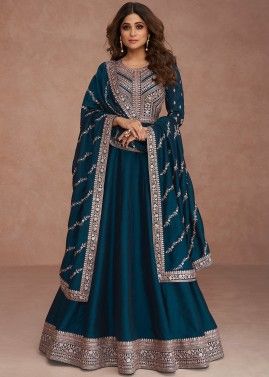 Shamita Shetty Blue Embroidered Anarkali Suit Set