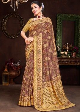 Brown Cotton Traditional Saree With Brasso Work