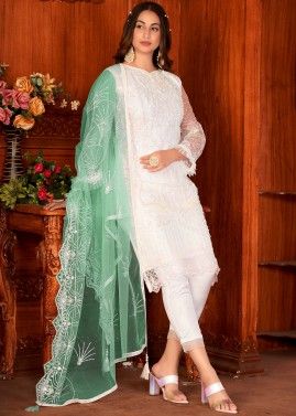 White Embroidered Pant Suit Set In Net