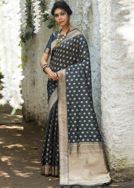 Grey Zari Woven Banarasi Silk Saree