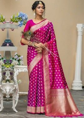 Magenta Banarasi Silk Woven Saree & Blouse