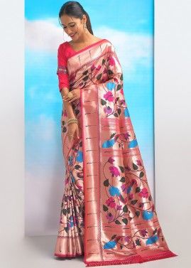 Pink Zari Woven Paithani Silk Saree