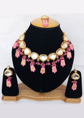 Pink Meenakari Kundan Studded Necklace Set