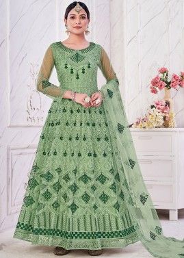 Green Embroidered Anarkali Suit In Net