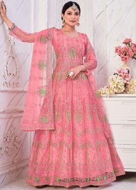 Pink Embroidered Abaya Style Suit Set