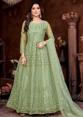 Green Thread Embroidered Net Anarkali Suit