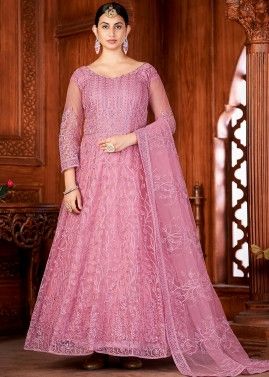 Pink Embroidered Anarkali Suit In Net