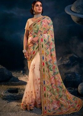 Peach Embroidered Saree In Lycra