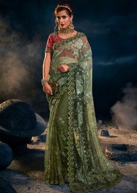 Green Embroidered Lycra Saree & Blouse