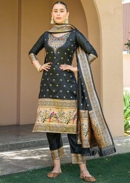 Black Banarasi Silk Pant Suit Set Banarasi Silk