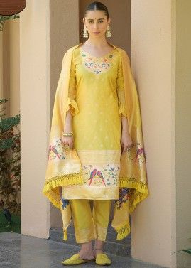 Yellow Banarasi Silk Pant Suit In Zari Woven Work