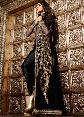 Indian Bollywood Black Punjabi Suit. Heavy Embroidered Gown 