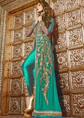 Malaika Arora Turquoise Slit Style Suit In Georgette