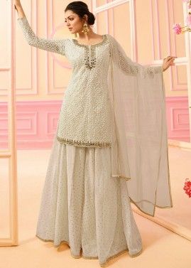 Off-White Embroidered Net Sharara Suit