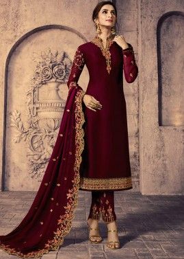 Wine Embroidered Pant Suit Set In Satin