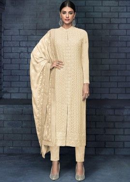 Cream Embroidered Straight Cut Suit Set