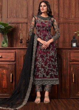 Wine Embroidered Net Pant Suit Set