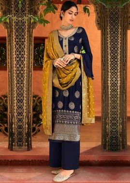 Navy Blue Chiffon Embroidered Palazzo Suit
