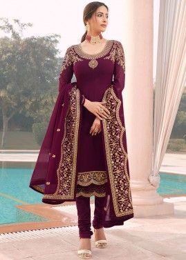 Wine Embroidered Salwar Suit In Georgette
