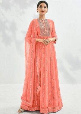 Orange Thread Embroidered Anarkali Style Suit
