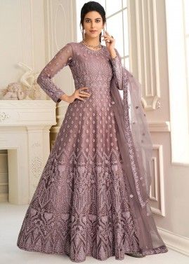 Purple Embroidered Anarkali Suit In Net