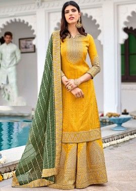 Yellow Embroidered Palazzo Suit In Georgette
