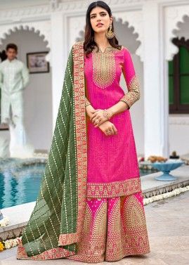 Pink Embroidered Palazzo Suit In Georgette