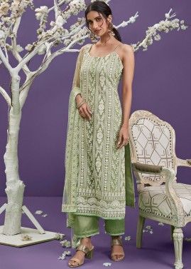 Green Net Embroidered Pant Suit Set