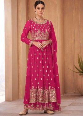 Pink Embroidered Gathered Palazzo Suit Set