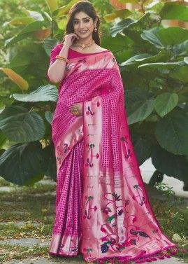Pink Woven Paithani Silk Saree & Blouse