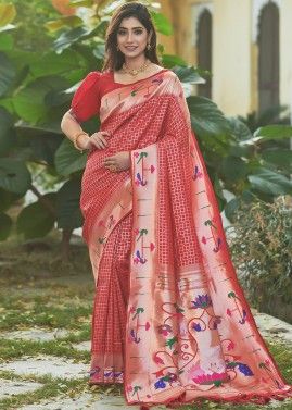 Red Woven Paithani Silk Saree & Blouse