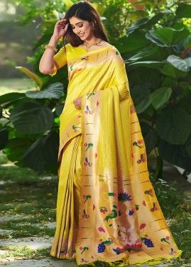 Yellow Zari Woven Saree In Paithani Silk